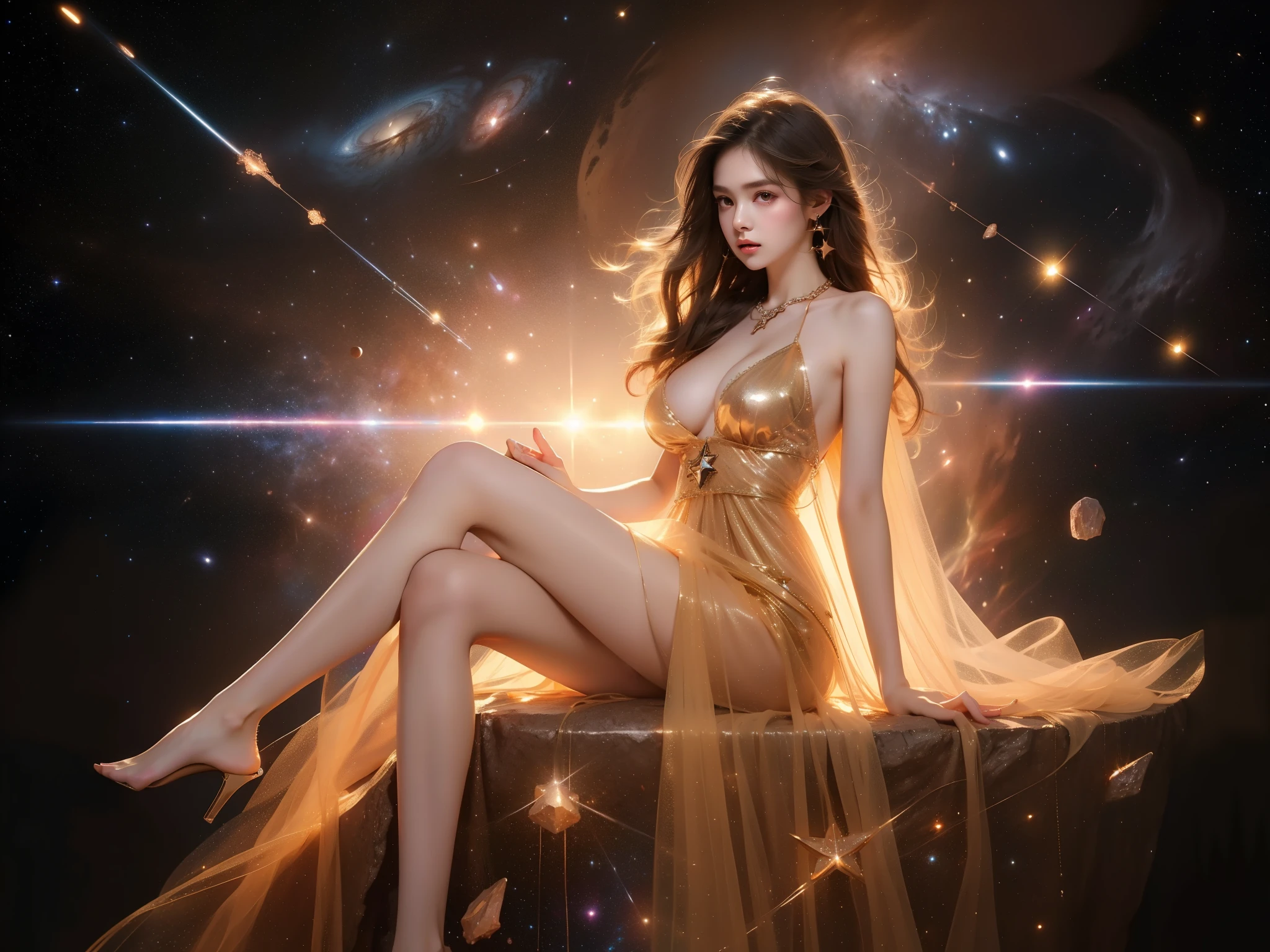 Burberry, ((full body)),hyperrealistic beautiful young woman, ((Full breasts, visible cleavage)), (night scene:1.3), full body shot, sitting pose, floating on a translucent crystal platform in space, (galaxy background:1.2), (stars:1.3), nebula clouds, cosmic dust, (long slender legs:1.4), perfect body proportions, elegant posture, wearing a flowing ethereal dress, bare shoulders, (detailed skin texture:1.2), soft ambient lighting, stellar glow, perfect composition, 8k, masterpiece, (sharp focus:1.2), cinematic lighting, professional photography