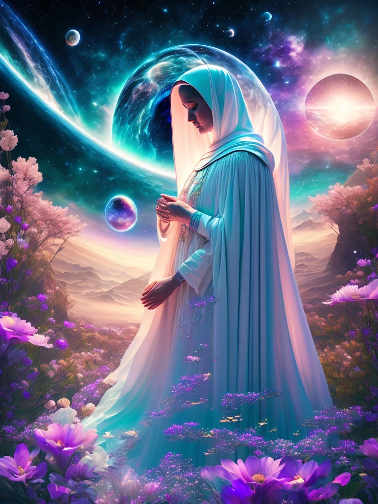 The Cosmic Echoes, Quiet Moments, Quiet Dawn, Journey Into Space, Mystical Dreamer, Astral Traveling, Inner Beauty, Starlight and You, Space Nun praying, adults traditional nun costume, Space Lady. Floating Through Space, Night Flower, Mysterious Space, future Dream art. ((masterpiece, best quality, digital imaging, high resolution photography))