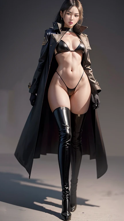 A (Ultra-Detailed) And Very Intricate ((Full Body Portrait)) Of A Caucasian Anime Manga Spy Goddess With Long Black Hair In A Ponytail, (Small Breasts), Standing In A ((Dynamic-Pose)), Holding A Futuristic Oversized Assault Rifle With A Silencer, She Is Nearly Naked Wearing A Sexy Fashion Bikini 👙 And A Long Dark Peacoat 🧥 With Futuristic Sneakers On Her Feet, Sassy Vigilante, (Exquisite Body), Iridescent Rainbow Glowing Particles Floating Everywhere, Soft Lighting, Vivid Lighting, (Highly Detailed Visual Depth), Sharp Camera Focus, (Maximum-Quality), 8kuhd, {Upscaled:4x}.