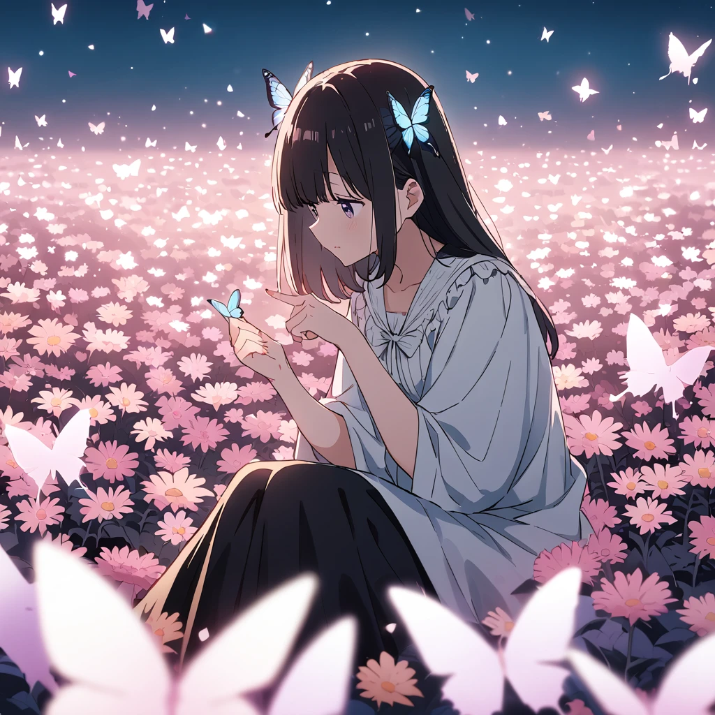  anime illustration, Girl sitting in a flower field, a butterfly with a slightly sad expression々View、((There's a butterfly on my finger 々))、Butterflies fluttering々dance、Beautiful work