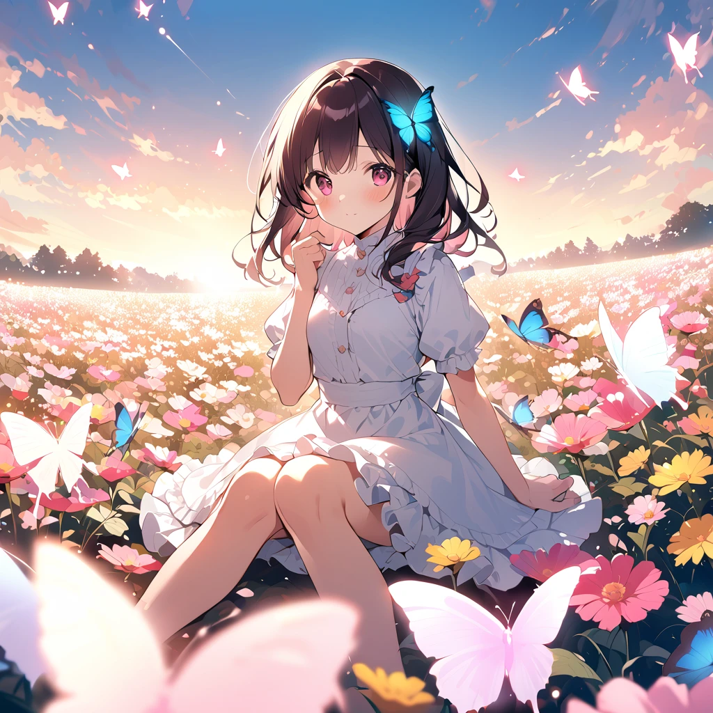  anime illustration, Girl sitting in a flower field, a butterfly with a slightly sad expression々View、((There's a butterfly on my finger 々))、Butterflies fluttering々dance、Beautiful work