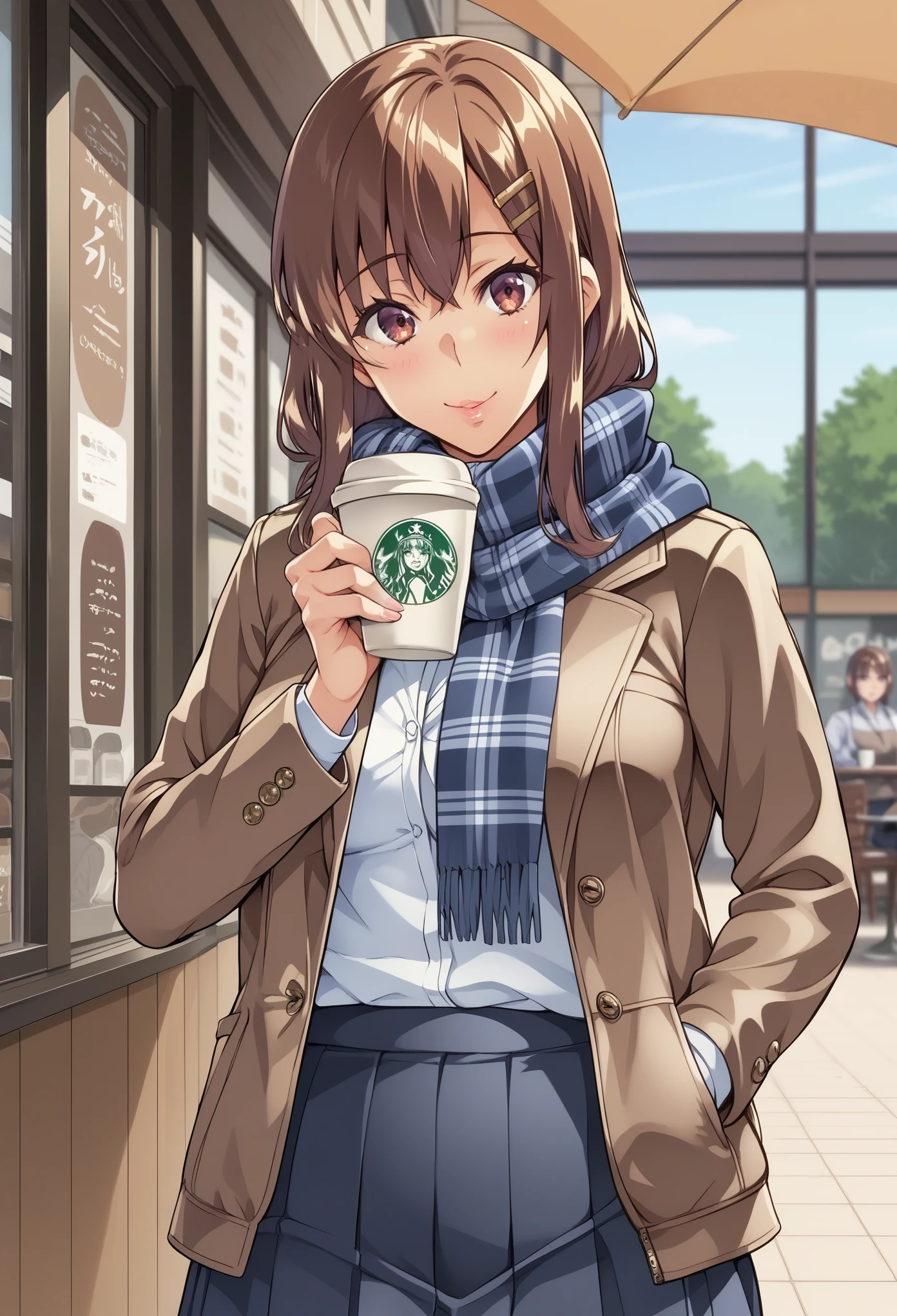 score_9, score_8_up, score_7_up, uncensored, source_anime, 1girl, solo, masterpiece, best quality, detailed face, face focus, BREAK hirasawa_yui, 1girl, solo, scarf, jacket, coffee shop, pleated skirt, 