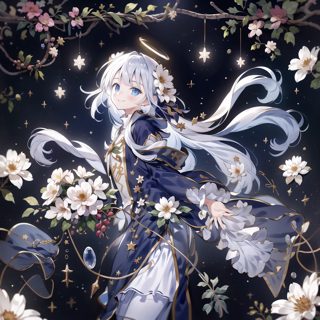 1girl,Handsome face、 best detail 、Baby Face、 absurd、Mysterious、((( perfect anatomy、The best composition、Best Quality,Masterpiece, HHD、8K Official Wallpaper , Super detailed、3Ⅾ))),Thin Line Hair 、Milky white hair color、 high definition、 absurdな, lens flare ,(White Theme:1.1),(Halftone:1.2), Dynamic Angle, depth of field , (White background:1.2), (Broken Clear Glass :1.1), Glass Flag ,Transparent Quartz,gothic,  BREAK Details Beautiful Girl ,Cute,(smile:1.1),Silky Hair,blue eyes, flat chest, upper body, Face Focus , watching viewers ,(dowl hunting casket hat:1.1),Ribbon trim,( Blue Frilled Dress :1.2),Floating Hair,universe、star、流star群、Aurora、diamond、Simple Background、 chr457m45m3rg3d0nmn3m1c neon symmetry!! Halo 2 、fanxing、sailor's sailor uniform、