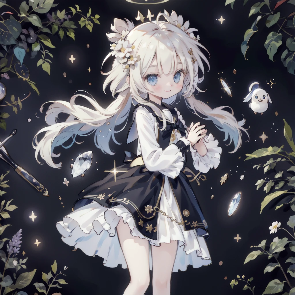 1girl,Handsome face、 best detail 、Baby Face、 absurd、Mysterious、((( perfect anatomy、The best composition、Best Quality,Masterpiece, HHD、8K Official Wallpaper , Super detailed、3Ⅾ))),Thin Line Hair 、Milky white hair color、 high definition、 absurdな, lens flare ,(White Theme:1.1),(Halftone:1.2), Dynamic Angle, depth of field , (White background:1.2), (Broken Clear Glass :1.1), Glass Flag ,Transparent Quartz,gothic,  BREAK Details Beautiful Girl ,Cute,(smile:1.1),Silky Hair,blue eyes, flat chest, upper body, Face Focus , watching viewers ,(dowl hunting casket hat:1.1),Ribbon trim,( Blue Frilled Dress :1.2),Floating Hair,universe、star、流star群、Aurora、diamond、Simple Background、 chr457m45m3rg3d0nmn3m1c neon symmetry!! Halo 2 、fanxing、sailor's sailor uniform、