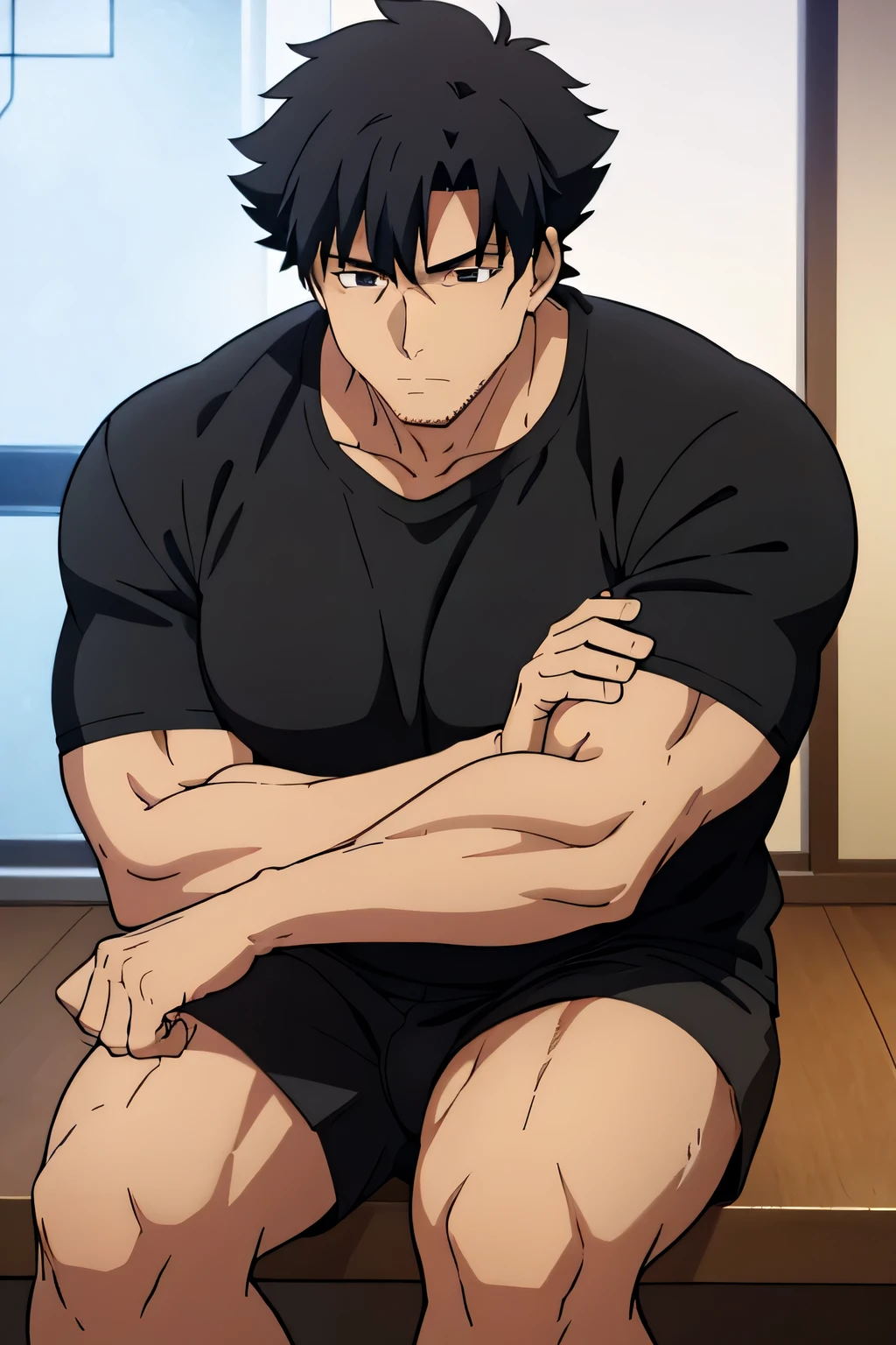 Kiritsugu is sitting and flexing his biceps. He is wearing a black tshirt with short sleeves. The right sleeve is completely rolled up, so you can see his entire arm. He wears black short boxershorts. You can see his thighs completely. He has a huge bulge. He is admiring his arms by touching them. His arms are full of visible huge veins.