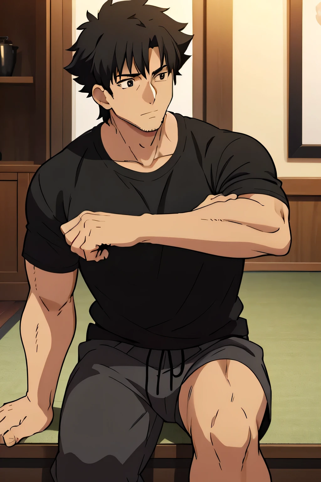 Kiritsugu is sitting and flexing his biceps. He is wearing a black tshirt with short sleeves. The right sleeve is completely rolled up, so you can see his entire arm. He wears black short boxershorts. You can see his thighs completely. He has a huge bulge. He is admiring his arms by touching them. His arms are full of visible huge veins.