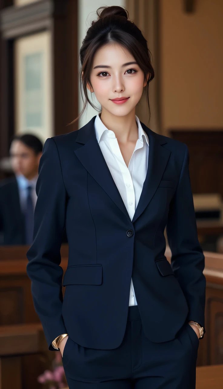 The Distinguished Advocate in Court Attire: Clad in a tailored navy suit that underscores her seriousness and professionalism, this lawyer stands out in the courtroom. Her hair is meticulously coiffed into a sleek bun, highlighting her sharp gaze and astute mind. Her crisp white shirt complements the suit, and she accessorizes minimally with a simple watch, emitting an aura of competence. Her smile, although rare, carries the weight of victory—a reflection of her unwavering confidence and triumphs in legal battles.