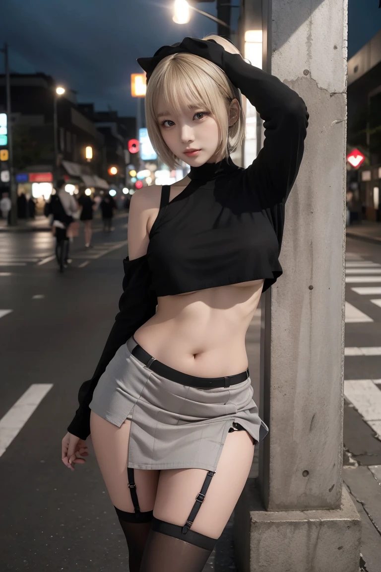  High angle shot ,   Street Snap with Hands on Her Head , Standing in the midnight neon city, woman(expensive) Three Girls , (Three Girls),  Surprisingly cute , Japanese blonde, blonde,   short hair,  Headband , Glare, Frowning, Compensate, Frowning, Frowningをする,   Surrealism ,  First Person View,  First Person View, Wide angle,    Ultra HD ,   Anatomically Accurate , super detailed, 16k, タイトスカートとタイトな黒ストッキングをはいたwomanの全身撮影, Off-the-shoulder long-sleeve knit,    It accentuates the décolletage  , Expose your belly,   black miniskirt  , Korean girl, ( Ivory Black ), Choi Hong Fa  , Lee Ji-eun, Lee Ji-eun, Korean women's fashion model, Ulzzang, Korean, sakimichan, Nam Jae-young, Kim Tae-jun,   micro mini skirt  , (  skirt is very short  ), (Very long legs), (  Very thick thighs  ), (  She always wears black stockings  ), (ヒールがexpensiveブラウンの厚底プラットフォームハイヒールを着用), Accurate high heels, nsfw,  Erotic Costumes, nude,  panties