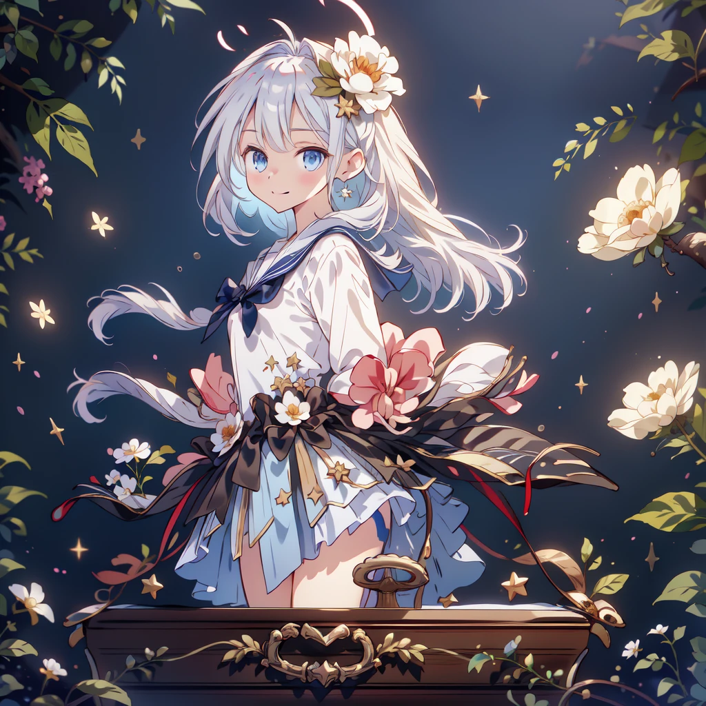 1girl,Handsome face、 best detail 、Baby Face、 absurd、Mysterious、((( perfect anatomy、The best composition、Best Quality,Masterpiece, HHD、8K Official Wallpaper , Super detailed、3Ⅾ))),Thin Line Hair 、Milky white hair color、 high definition、 absurdな, lens flare ,(White Theme:1.1),(Halftone:1.2), Dynamic Angle, depth of field , (White background:1.2), (Broken Clear Glass :1.1), Glass Flag ,Transparent Quartz,gothic,  BREAK Details Beautiful Girl ,Cute,(smile:1.1),Silky Hair,blue eyes, flat chest, upper body, Face Focus , watching viewers ,(dowl hunting casket hat:1.1),Ribbon trim,( Blue Frilled Dress :1.2),Floating Hair,universe、star、流star群、Aurora、diamond、Simple Background、 chr457m45m3rg3d0nmn3m1c neon symmetry!! Halo 2 、fanxing、sailor's sailor uniform、