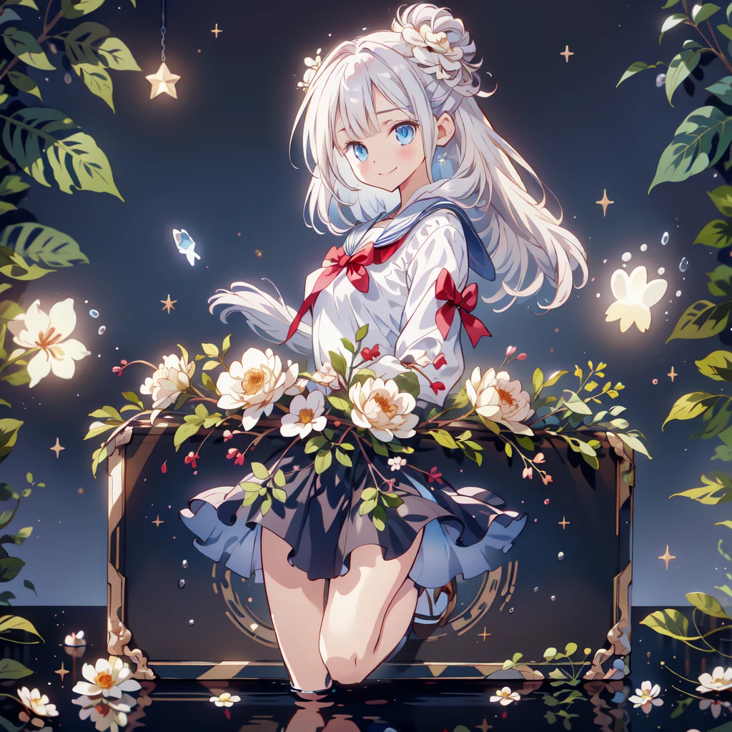 1girl,Handsome face、 best detail 、Baby Face、 absurd、Mysterious、((( perfect anatomy、The best composition、Best Quality,Masterpiece, HHD、8K Official Wallpaper , Super detailed、3Ⅾ))),Thin Line Hair 、Milky white hair color、 high definition、 absurdな, lens flare ,(White Theme:1.1),(Halftone:1.2), Dynamic Angle, depth of field , (White background:1.2), (Broken Clear Glass :1.1), Glass Flag ,Transparent Quartz,gothic,  BREAK Details Beautiful Girl ,Cute,(smile:1.1),Silky Hair,blue eyes, flat chest, upper body, Face Focus , watching viewers ,(dowl hunting casket hat:1.1),Ribbon trim,( Blue Frilled Dress :1.2),Floating Hair,universe、star、流star群、Aurora、diamond、Simple Background、 chr457m45m3rg3d0nmn3m1c neon symmetry!! Halo 2 、fanxing、sailor's sailor uniform、