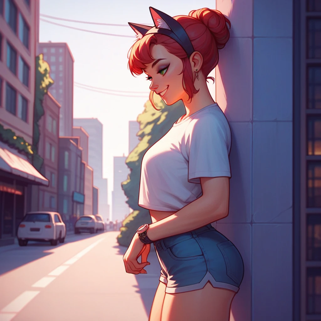 1girl, green eyes, masterpiece, breasts, brown hair, looking at viewer, blush, blue streaked hair, pajamas, confused , outline, sam yang, best quality, posing , cat ears, lean forwards, <lora:samdoesartsSamYang_offsetRightFilesize:1>