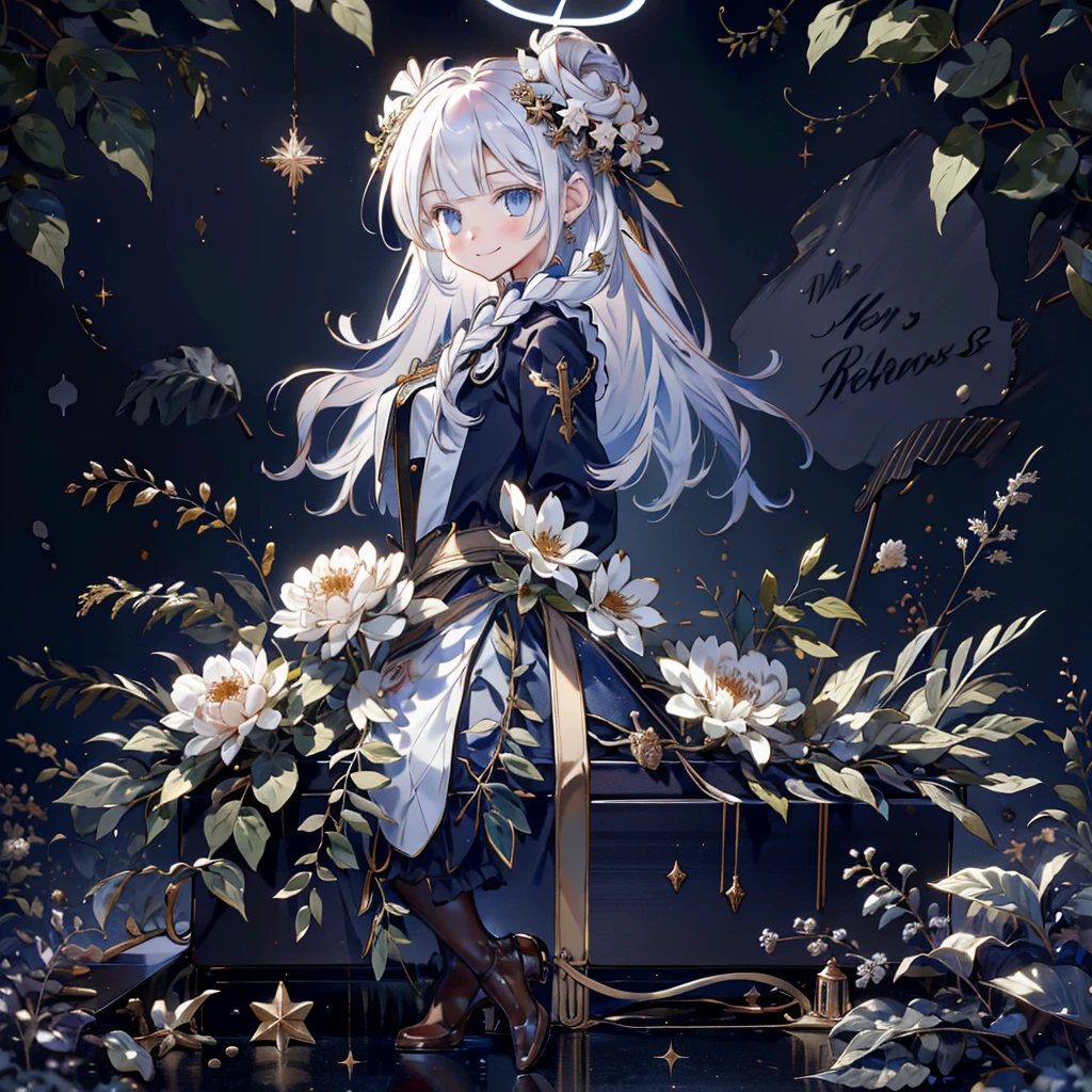 1girl,Handsome face、 best detail 、Baby Face、 absurd、Mysterious、((( perfect anatomy、The best composition、Best Quality,Masterpiece, HHD、8K Official Wallpaper , Super detailed、3Ⅾ))),Thin Line Hair 、Milky white hair color、 high definition、 absurdな, lens flare ,(White Theme:1.1),(Halftone:1.2), Dynamic Angle, depth of field , (White background:1.2), (Broken Clear Glass :1.1), Glass Flag ,Transparent Quartz,gothic,  BREAK Details Beautiful Girl ,Cute,(smile:1.1),Silky Hair,blue eyes, flat chest, upper body, Face Focus , watching viewers ,(dowl hunting casket hat:1.1),Ribbon trim,( Blue Frilled Dress :1.2),Floating Hair,universe、star、流star群、Aurora、diamond、Simple Background、 chr457m45m3rg3d0nmn3m1c neon symmetry!! Halo 2 、fanxing、sailor's sailor uniform、