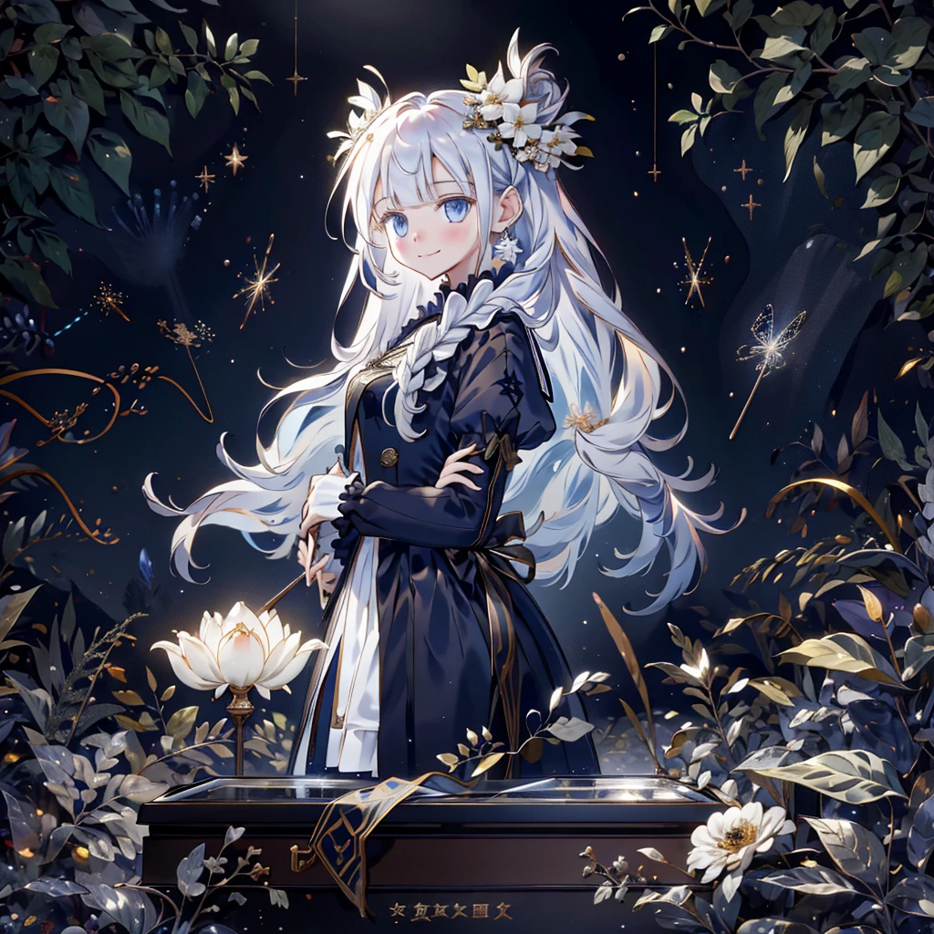 1girl,Handsome face、 best detail 、Baby Face、 absurd、Mysterious、((( perfect anatomy、The best composition、Best Quality,Masterpiece, HHD、8K Official Wallpaper , Super detailed、3Ⅾ))),Thin Line Hair 、Milky white hair color、 high definition、 absurdな, lens flare ,(White Theme:1.1),(Halftone:1.2), Dynamic Angle, depth of field , (White background:1.2), (Broken Clear Glass :1.1), Glass Flag ,Transparent Quartz,gothic,  BREAK Details Beautiful Girl ,Cute,(smile:1.1),Silky Hair,blue eyes, flat chest, upper body, Face Focus , watching viewers ,(dowl hunting casket hat:1.1),Ribbon trim,( Blue Frilled Dress :1.2),Floating Hair,universe、star、流star群、Aurora、diamond、Simple Background、 chr457m45m3rg3d0nmn3m1c neon symmetry!! Halo 2 、fanxing、sailor's sailor uniform、