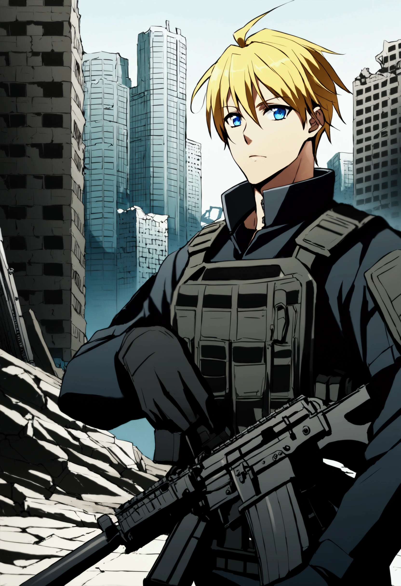 Adult, Male, HOTD, tactic clothes, M4A4, blonde short hair, blue eyes, athletic body, city ruins background, high resolution, best quality