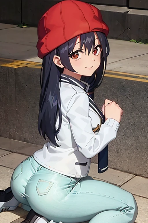 Fuuki ,  long hair , slim, Large chest, is located on a street, lying on the floor,  wears denim pants , white blouse, jacket, red hat on her head ,  pants cover half of her butt ,  shows her butt sensually ,  he has cum on his ass , semen on her back, semen in her hair,  show her black panties ,  her skirt came up and shows her butt Smile,  looking at the spectator, 