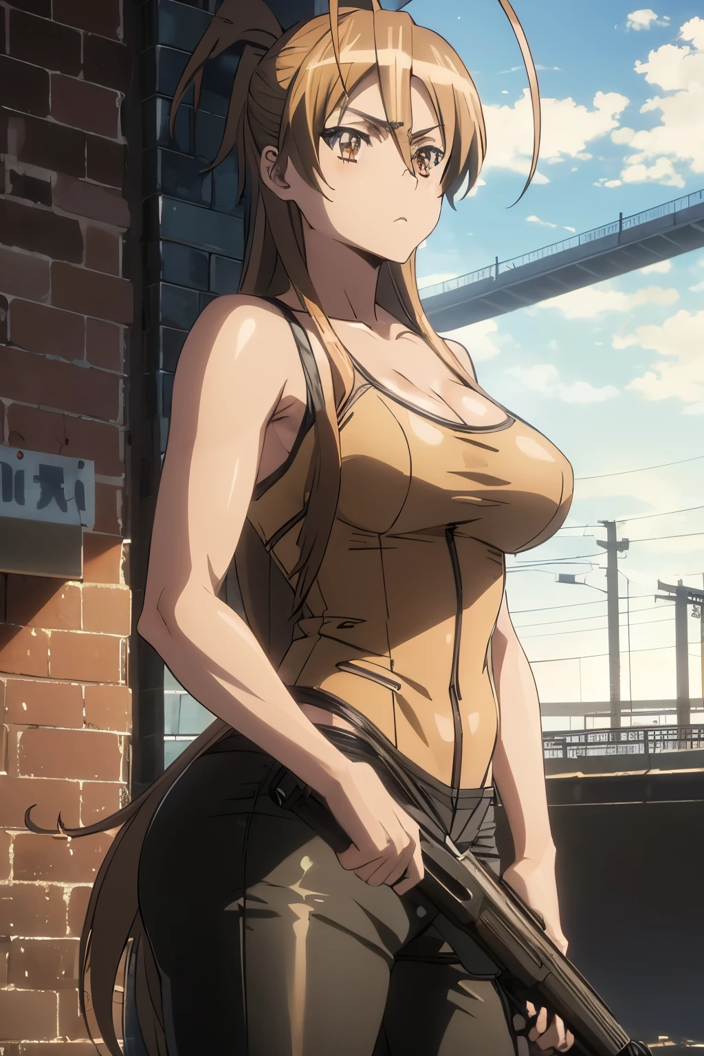 Anime, Highschool of the Dead, ((Artist: Shoji Sato)),1girl, Shoulder lenght light brown hair, using black leather tank top, big cleavage, large breasts, leather pants, juicy ass, pantie's sides appearing, assault rifle in hands, brown eyes, ultra high resolution, better quality