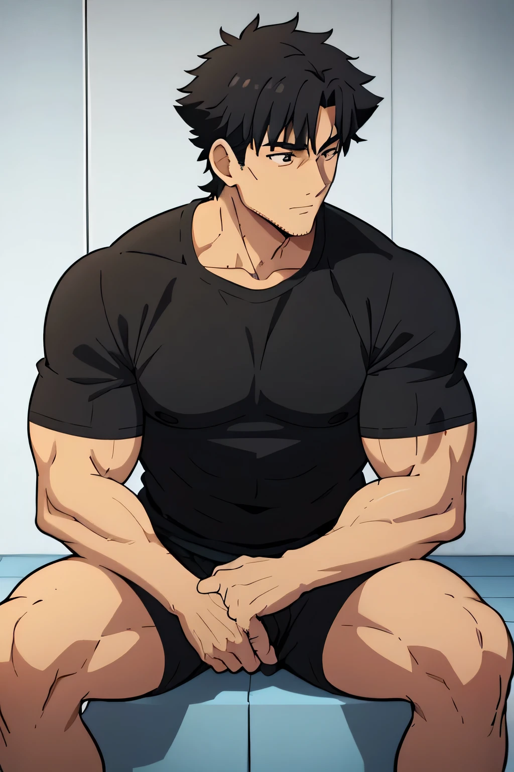 Kiritsugu is sitting and flexing his biceps. He is wearing a black tshirt with short sleeves. The right sleeve is completely rolled up, so you can see his entire arm. He wears black short boxershorts. You can see his thighs completely. He has a huge bulge. He is admiring his arms by touching them. His arms are full of visible huge veins.