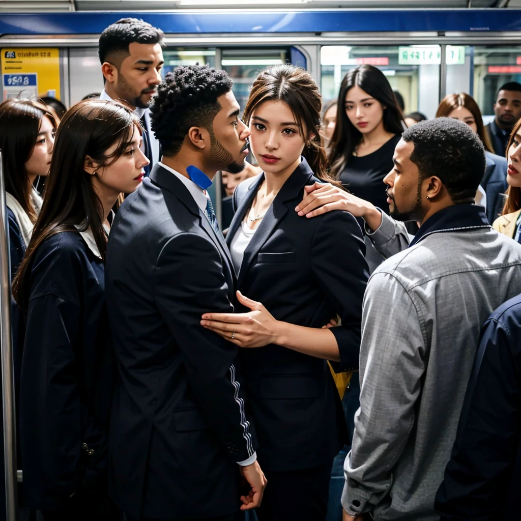 Belgian-Indonesian couple, beautiful 21 year old woman and handsome 23 year old man, deeply kiss each other, and the man holds the woman's neck and breast, (the woman's mouth is open with a pleasant expression:1.3), updo hair style brown colour, medium breasts, tempting cleavage, standing inside a crowded train, (the woman is office worker wearing blouse,pumps), the man wearing suit white shirt and black trousers, (Inside a crowded train:1.9)