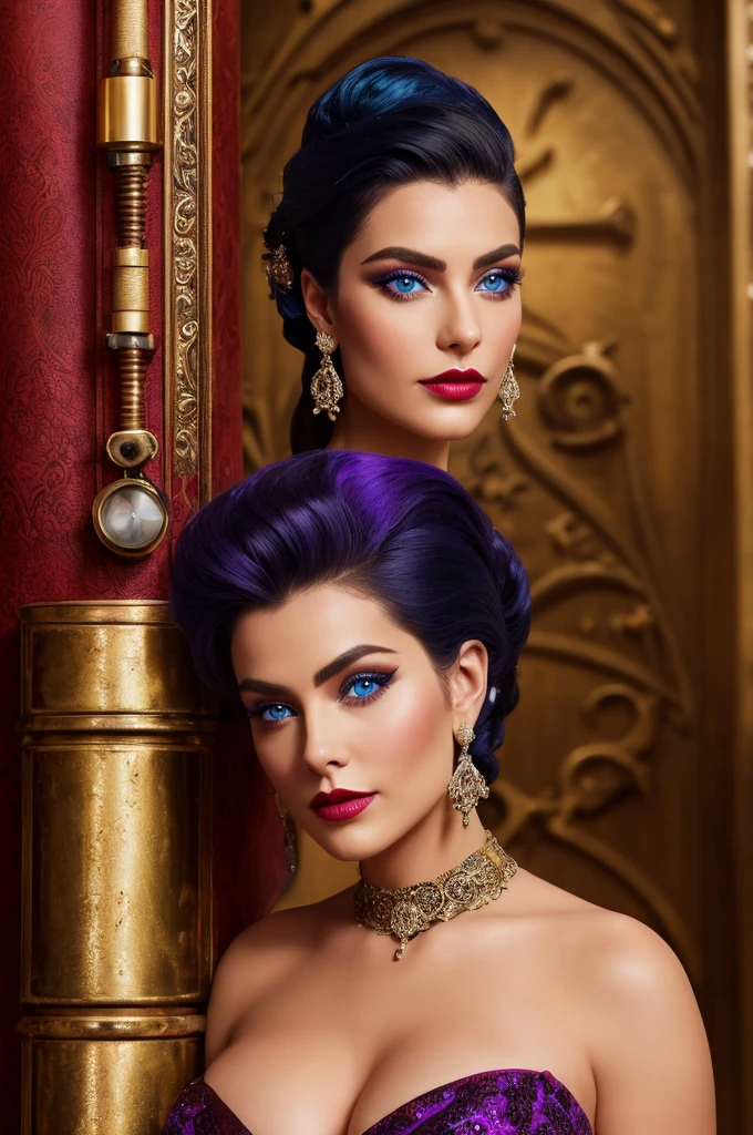 A curvy, busty, and bold steam punk woman exudes confidence as she poses majestically in an opulent red leather armchair, sporting a trendy asymmetrical black haircut slicked back, striking blue eyes that captivate, impeccably applied makeup with bold eyeliner and vibrant purple lipstick, and adorned with intricate jewelry adorning her neck and hands. Her attire features a form-fitting white satin gown, a diamond choker, and pearl earrings. Her manicured red nails and relaxed yet assertive posture add to the commanding presence she embodies. The scene is set in a softly lit room casting warm tones, while urban graffiti elements serve as a gritty backdrop, with dynamic shadows and cinematic lighting enhancing the modern steampunk aesthetic in stunning detail and realism, resembling an ultra-high-definition 8k image.