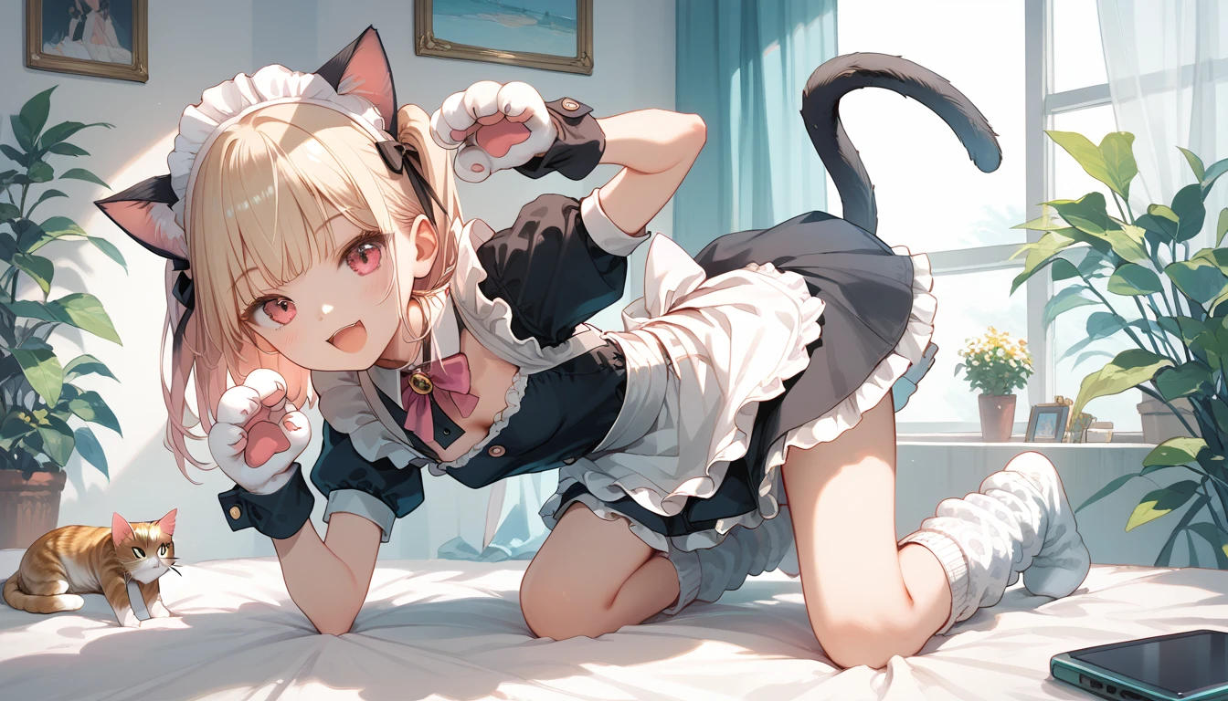 Score_9,Score_8_up,Score_7_up,highest quality anime,masterpiece,1 girl,slim,small breasts,(Ideal slender proportions),(black_long_hair,straight_bangs,maid costume,loose socks,cat ears,cat tail,cat hands),(cat posing,playing like a cat),joyful