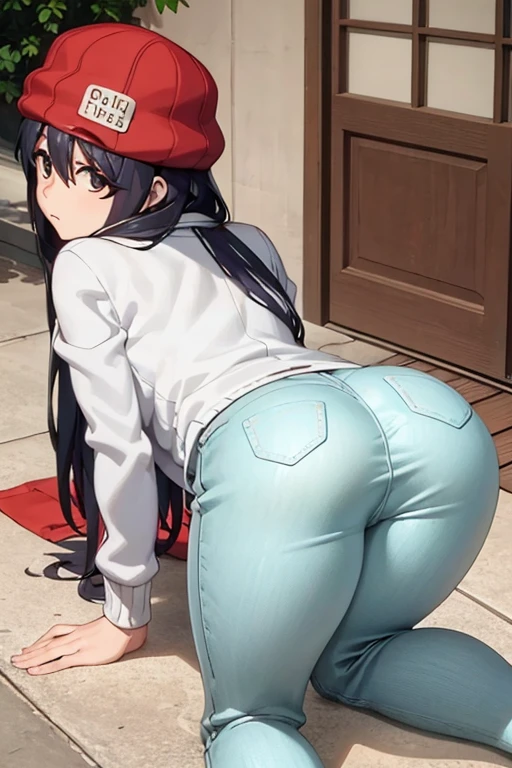 Fuuki ,  long hair , slim, Large chest, is located on a street, lying on the floor, He wears denim pants down the middle of his legs, white blouse, jacket, red hat on her head ,  pants cover half of her butt ,  shows her butt sensually ,  he has cum on his ass , semen on her back, semen in her hair, Show your panties, knees on the floor, hands on the floor, look down,  doggy position 