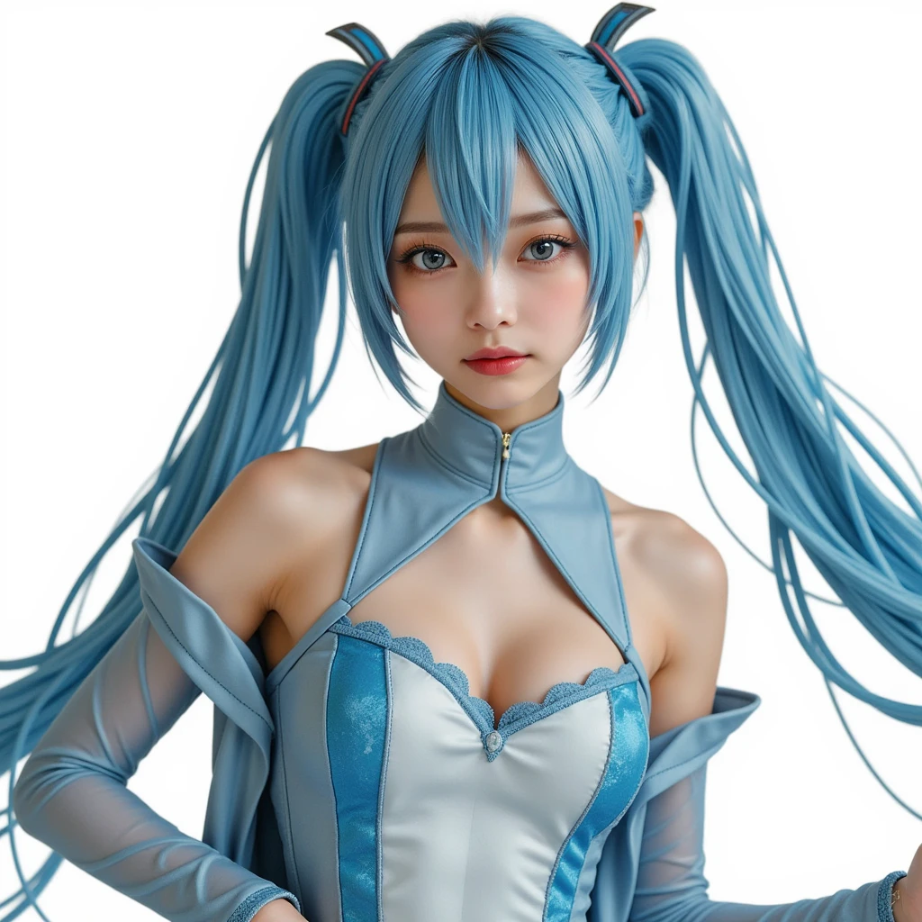 ( a work that can be safely viewed at work :2.0),  Beautiful Japanese Woman ,  Hatsune Miku costumeを忠実に再現したスーパーモデル,  photorealistic ,  very realistic pictures, Realistic, Perfect composition, Proper placement, Women&#39;s photos:1.331,  Hatsune Miku costume:1.331,  Anatomically Correct Proportions :1.331,  small head :1.331, Slender body:1.331,  Thin Waist:1.331, Thin limbs:1.331, (((miku hatsune))),  flat chest:1.331, Blue eyes, Blue Hair,  twin tail hair :1.331,  clear eyebrows on the rails :1.331, Detailed face,  white skin:1.21, Fine skin, A supermodel that faithfully reproduces ,  Ray Tracing,  dynamic cinematic lighting,