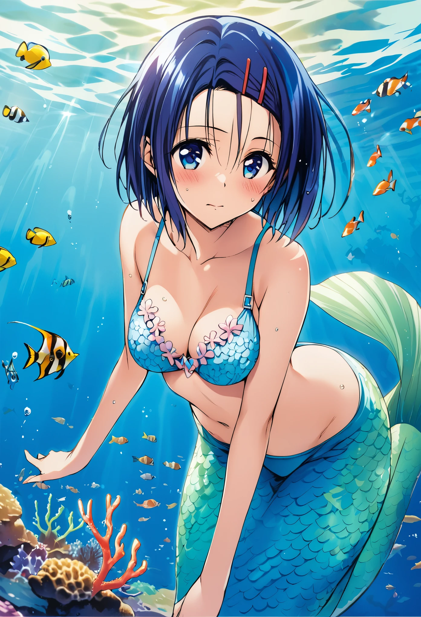  one girl playing pranks, Sairenji Haruna,  blue short hair  , blue eyes ,amount,hairpin,  similar colors blue and purple , Seashell bra,Mermaid theme ,In the water,swimming, coral and tropical fish ,Seductive posture, Kentaro Yabuki's style, To Love-Ruのアートスタイル,masterpiece, Best Quality, Beautiful Face,  PERFECT BODY , Official Art,  Grand Prix award illustration ,  professional lighting