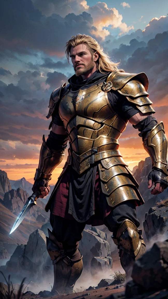 A robust, muscular young warrior with entirely blonde hair, dressed in rugged red and gold armor that appears to be forged from natural elements like stone and metal. The armor is heavy and textured, with patterns resembling the rough surface of the earth. He stands powerfully in the middle of a vast, rugged field, surrounded by the raw, natural beauty of the terrain. His massive, clenched fists are the only weapons he needs, showcasing his formidable strength and his connection to the earth. The ground beneath him trembles and shifts, with rocks and soil being manipulated by his will, creating a dramatic and earthy spectacle. His stance is firm and commanding, with his eyes glowing with a deep, earthy intensity that highlights his mastery over earth magic. The background displays a rugged field, partially disrupted by the warrior’s earth manipulation. The image is rendered in a photorealistic, hyper-realistic 8k style, with studio lighting, featuring rich, natural colors, detailed textures of the soil, and dramatic lighting that accentuates the warrior's raw power and connection to the earth. Giant black scorpion in the back