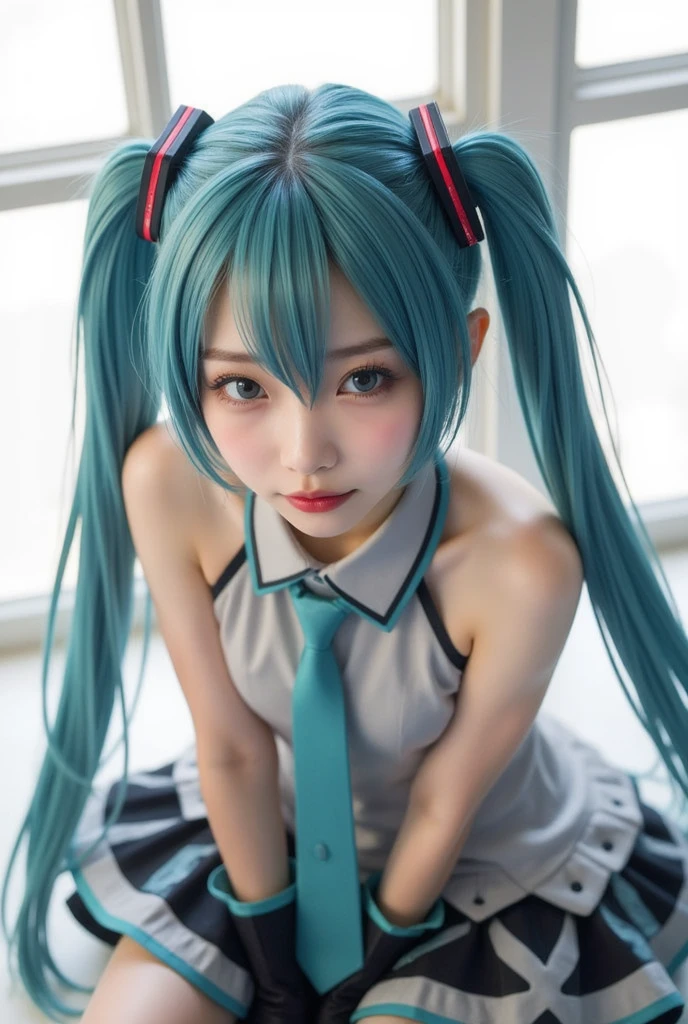 ( a work that can be safely viewed at work :2.0),  Beautiful Japanese Woman ,  Hatsune Miku costumeを忠実に再現したスーパーモデル,  photorealistic ,  very realistic pictures, Realistic, Perfect composition, Proper placement, Women&#39;s photos:1.331,  Hatsune Miku costume:1.331,  Anatomically Correct Proportions :1.331,  small head :1.331, Slender body:1.331,  Thin Waist:1.331, Thin limbs:1.331, (((miku hatsune))),  flat chest:1.331, Blue eyes, Blue Hair,  twin tail hair :1.331,  clear eyebrows on the rails :1.331, Detailed face,  white skin:1.21, Fine skin, A supermodel that faithfully reproduces ,  Ray Tracing,  dynamic cinematic lighting,