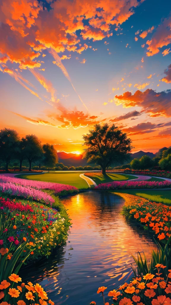 masterpiece,gorgeous, the gorgeous sunset in a garden, flowres, water, landscape, beautiful clouds, orange, orange atmosphere, amazing sky, stunning view, an artistic painting, no human,no people