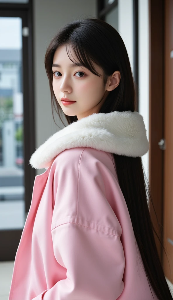  Closeup of a woman with long black hair wearing a pink jacket, phong cách  3d thực tế,  3d thực tế, 3D style,  realistic young girl , Guweiz style artwork, cô gái 3D authentic, long hair girl, Trending on CGNontry, phong cách nghệ thuật 3D thực tế, authentic,  smooth 3D CG art