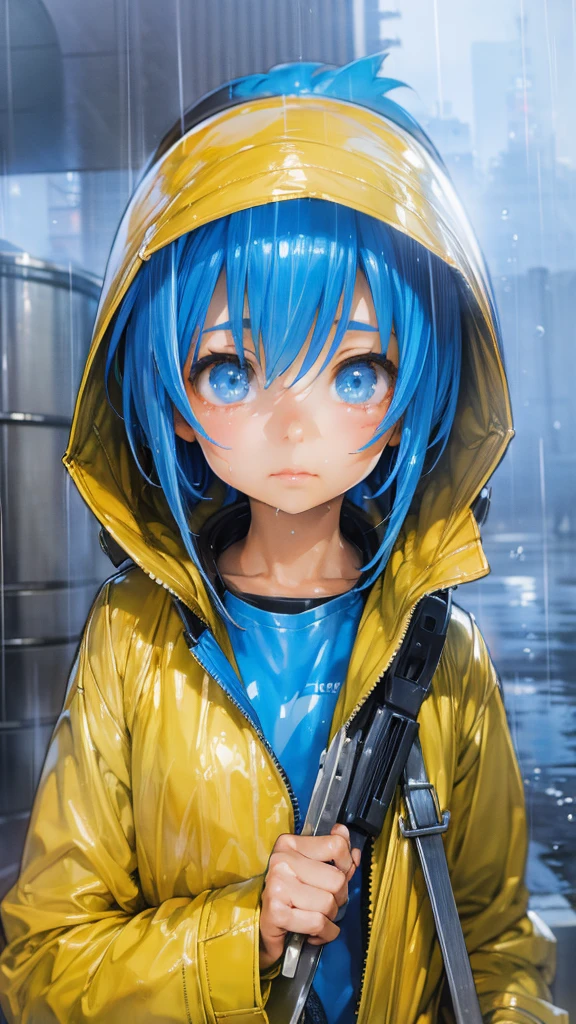 Create an anime-style character portrait featuring a young person with short, vibrant blue hair and large, expressive blue eyes. The character is wearing a shiny, bright yellow raincoat with a hood up, covering most of the head but revealing the hair framing their face. The raincoat has realistic reflections, capturing the glossy texture and wet look of rain gear. The character is standing calmly with a neutral expression, holding a small metallic tuning fork-like object in their right hand. The background is minimal and white, emphasizing the character’s features and attire.