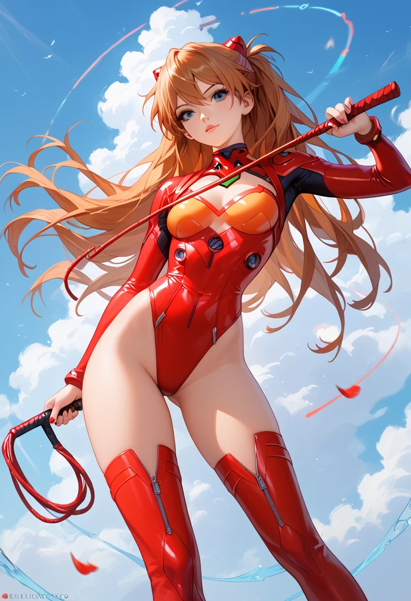 score_9,score_8_up,score_7_up,source_anime,masterpiece,best quality,absurdres,highres,very aesthetic,ray_tracing,
1girl,beautiful face,
souryuu_asuka_langley, skimpy high cut leotard, and thigh high boots with stiletto heels. She is holding whip.