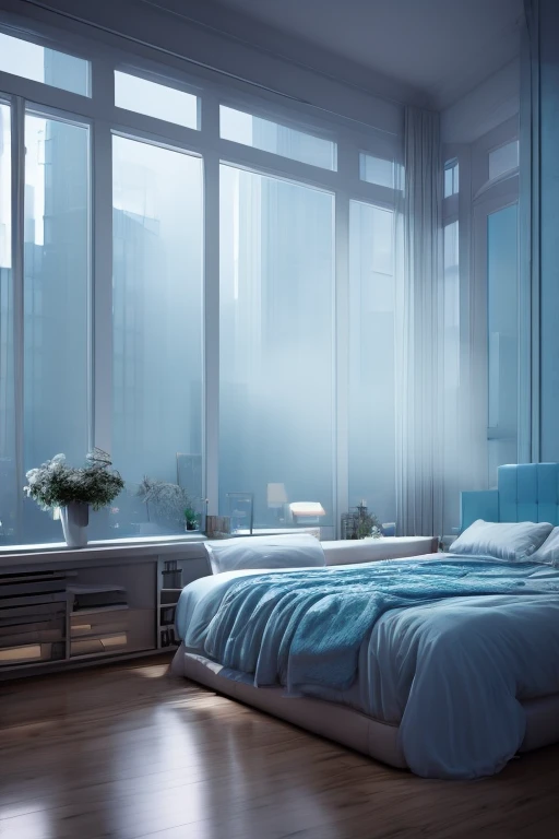 a dreamy apartment, white interior, blue hour, misty, foggy, hazy, wide shot, 80s aesthetic, detailed lighting, soft textures, pastel colors, cinematic atmosphere, photorealistic, 4k, high resolution, masterpiece, icy cold, outdoor misty forest scenery, bedroom