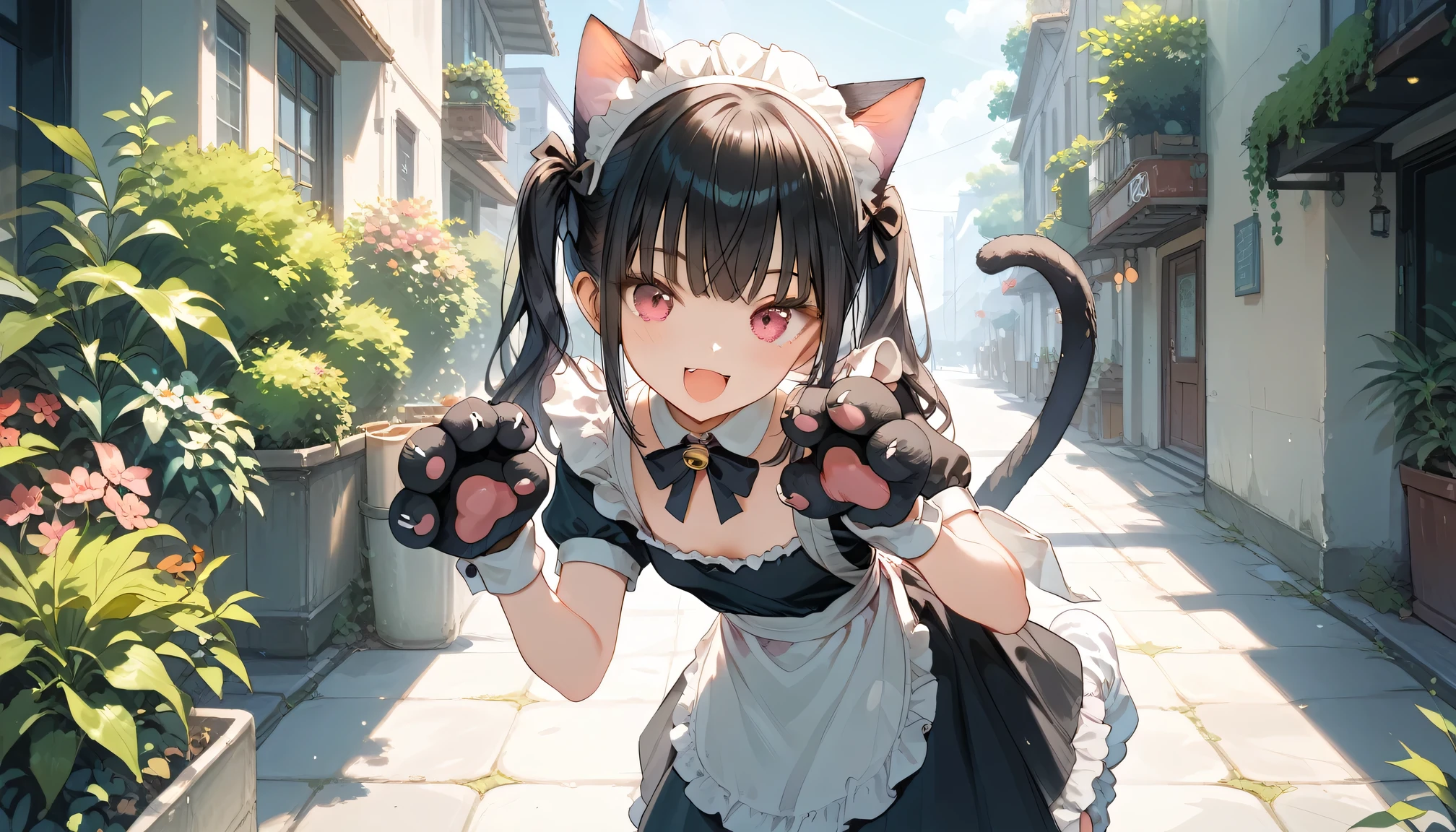 Score_9,Score_8_up,Score_7_up,highest quality anime,masterpiece,1 girl,slim,small breasts,(Ideal slender proportions),(black_long_hair,straight_bangs,maid costume,loose socks,cat ears,cat tail,cat hands),(cat posing),joyful