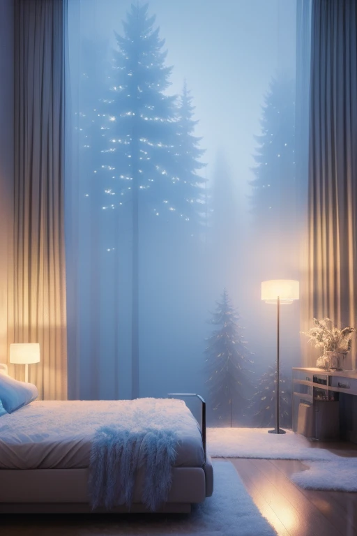 a dreamy apartment, white interior, blue hour, misty, foggy, hazy, wide shot, 80s aesthetic, detailed lighting, soft textures, pastel colors, cinematic atmosphere, photorealistic, 4k, high resolution, masterpiece, icy cold, outdoor misty forest scenery, bedroom