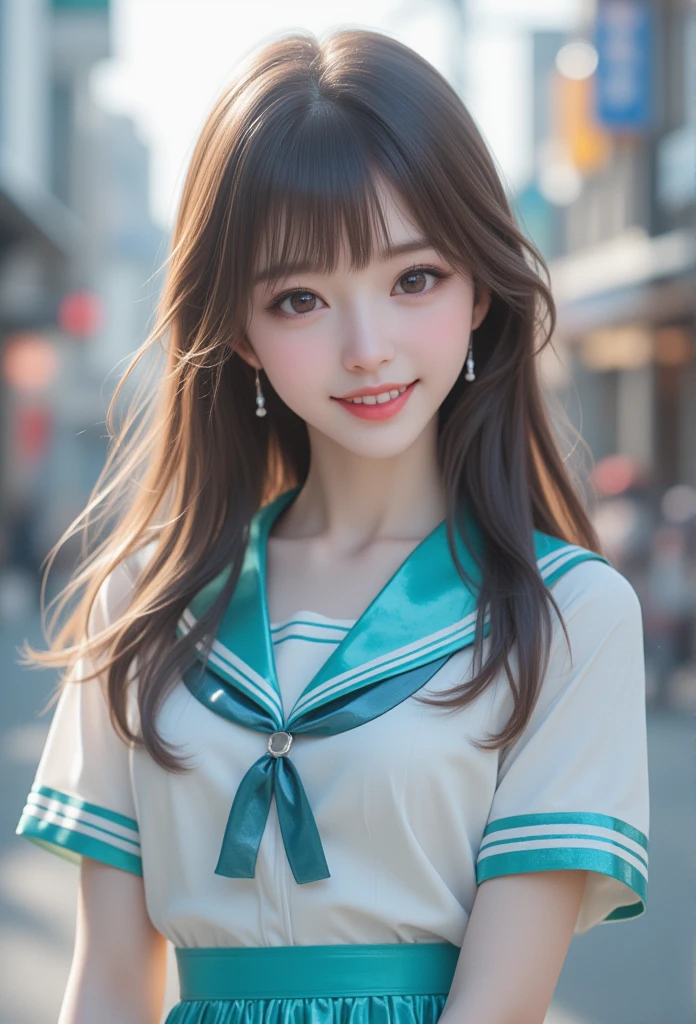 (super cute young face:1.5),(sparkling clear attractive large glowing eyes:1.5), (japanese idol face:1.5),very beautiful cute girl,(baby face:1.4),(fourteen years old:1.4),exquisite smooth and silky long brown straight hair,fair skin,(happy cheerful smile),professional portrait,
(super shiny turquoise and white sailor high school uniform:1.1), (super shiny turquoise pleated skirt :1), 
turquoise sailor collar, happy cheerful smile,narrow waist,in the street,very thin makeup 