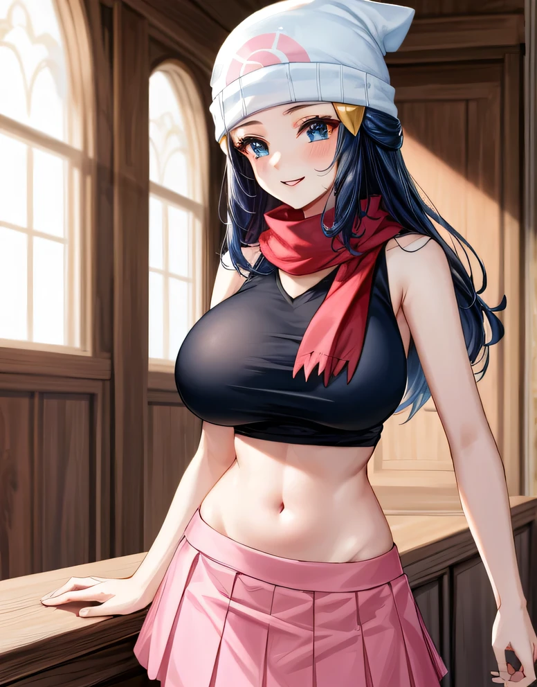 (large breasts:1.86),(shiny hair),((solo)),((masterpiece)),((best quality)),perfect anatomy,slim waist,perfect image,8k UHD,(beautiful detailed eyes:1.5),extremely detailed face,standing,(upper body:1.2),(look at the front:1.5),ultra-detailed,absurdres,ultra-highres,pokemon dawn,(dark blue hair),(blue eyes),sidelocks,long hair,bare shoulders,beanie,black shirt,hat,jewelry,miniskirt,pink skirt,red scarf,scarf,shirt,skirt,sleeveless,sleeveless shirt,white headwear,indoor,lips,smile,blush,18 years-old,