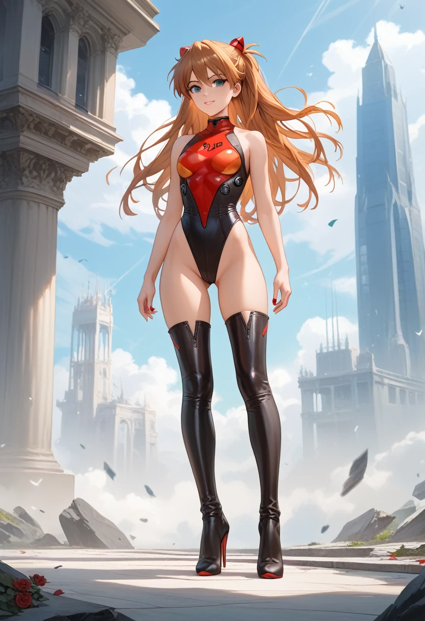 1girl, medium breasts, leotard, red leotard with blue accents, bare legs, boots, matching boots, bracelets, city backdrop, solo, single, standing, full body shot, cowboy shot, beautiful detailed eyes, mature lady, red hair, medium hair