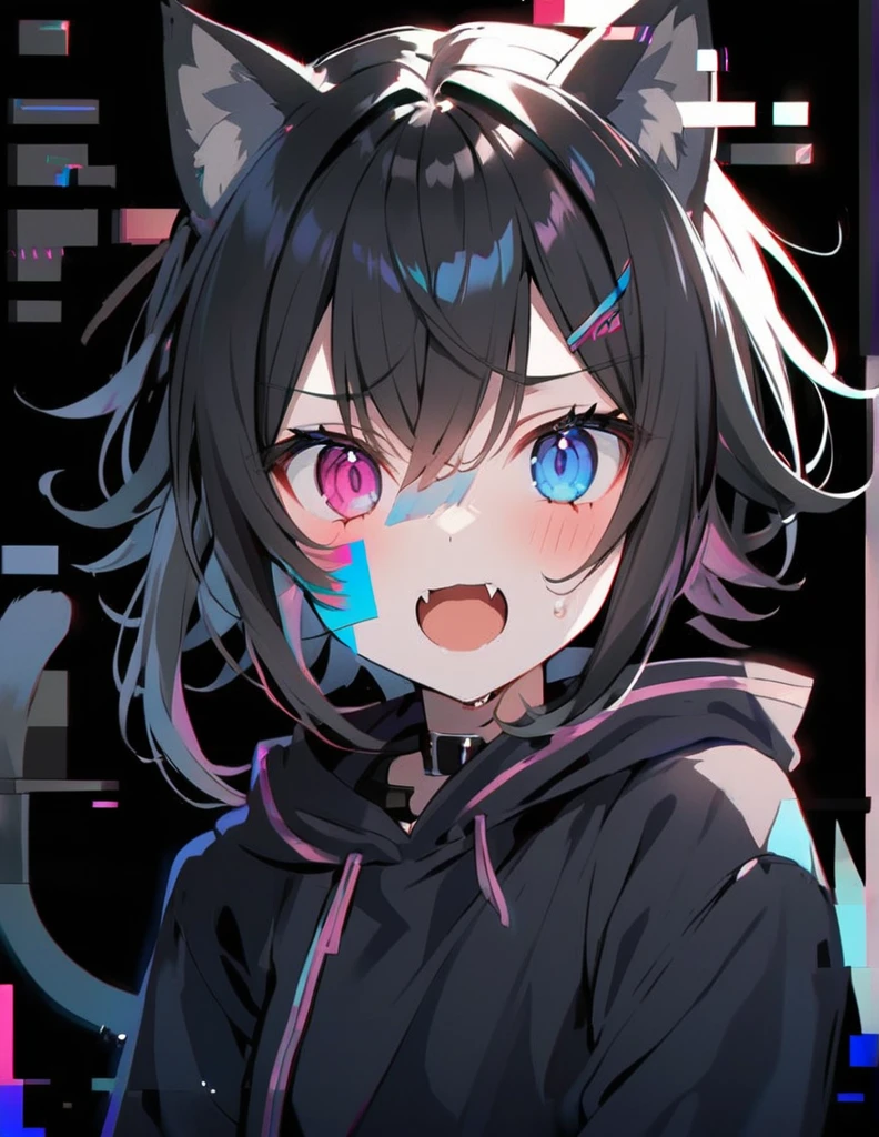 1girl,black_background,blood,broken_skin,colored_skin,colorful,cracked_skin,heterochromia,multicolored_skin,portrait,simple_background,solo,sweat,twin_drills,fran,black hair,cat ears,blue eyes,cat tail,cat girl,blush,(glitch:1.5),fangs,evil,(Anime Girl Glitch:1.5),