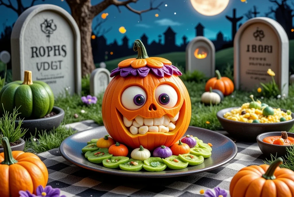 Halloween night, (colorful soup monster), artistic expression, stunningly beautiful work, the characters and elements of the landscape fit perfectly into the frame of the image, realized in detail, defining high quality, expressive faces, piercing eyes, (haunted house kitchen), masterpiece, (cute soup monster), gourmet product photography, film and television lighting effects, advanced filters, octane rendering, realistic photography, Halloween food carvings, unique shapes, colorful colors, bright colors