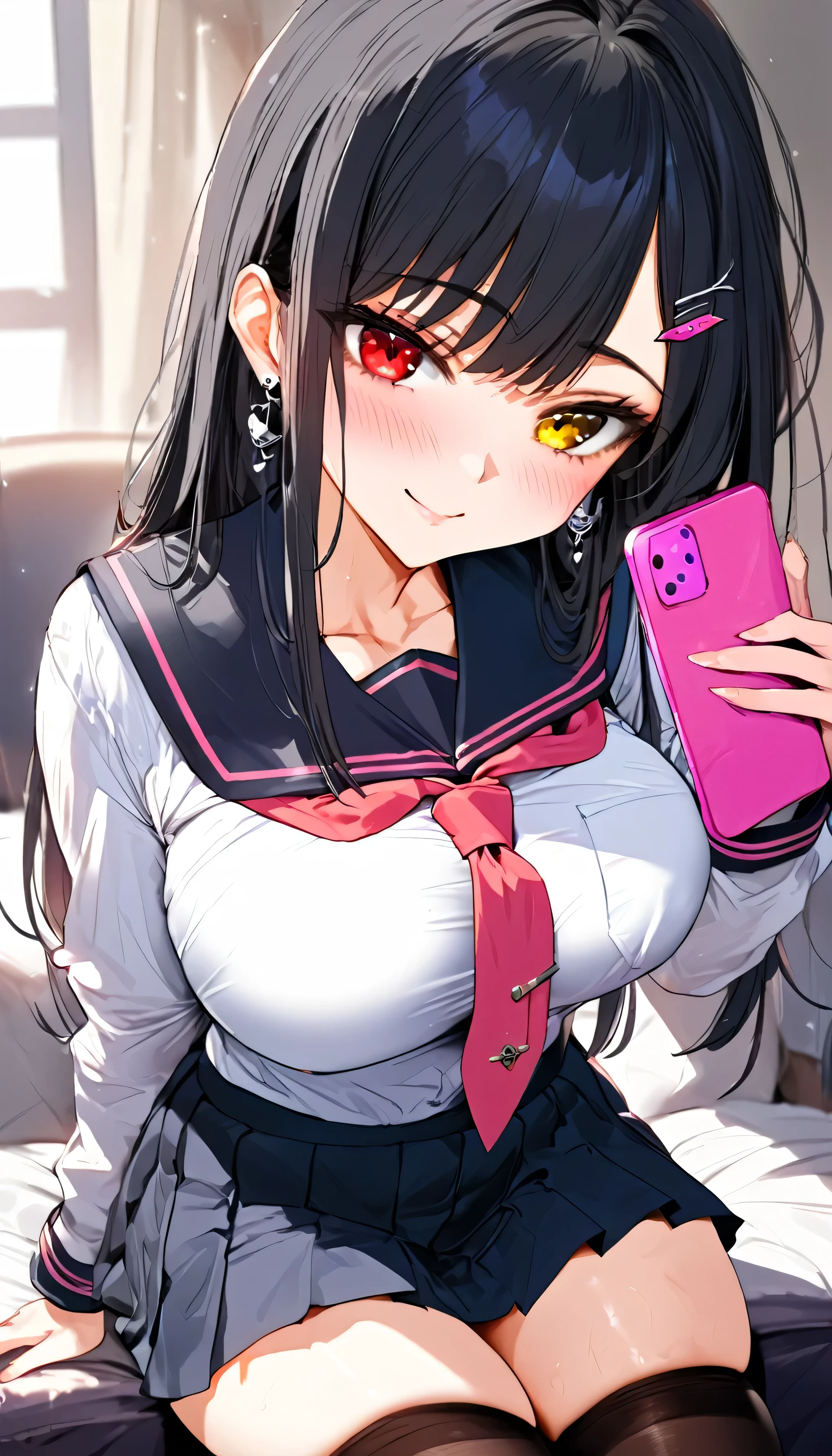 a woman dressed in schoolgirl uniform holding a pink cell phone up to look at it, 1girl, skirt, thighhighs, breasts, solo, red eyes, shirt, long hair, black hair, black skirt, holding, sitting, jewelry, pleated skirt, phone, hair ornament, looking at viewer, heterochromia, earrings, long sleeves, smile, white shirt, large breasts, yellow eyes, school uniform, blush, zettai ryouiki, collarbone, bangs, sailor collar, hairclip, holding phone, black sailor collar, 8K, , look at viewer, best quality, detail, HD, high resolution, masterpiece, textured skin, low sparkle, low bloom, motion blur, cheeks flushed, anime, beautiful, simple art, anime