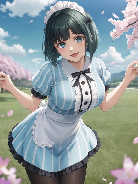 masterpiece, best quality, highres, 1girl, solo, short hair, green hair, bob cut, maid headdress, blue eyes, large breasts, frills, vertical-striped dress, blue dress, short sleeves,  black pantyhose, standing, cowboy shot, arms behind back, smile, open mouth, leaning forward, outdoors, cherry blossoms,