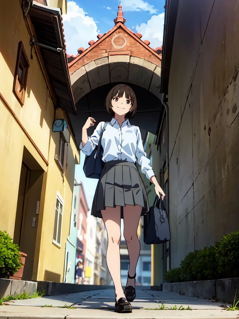  Exquisite illustrations, Best Quality, masterpiece、,((Looking up from inside a manhole))  bright color,、 cute girl 、幸せなsmile、Beautiful background, Viewers, smile,  Lace Panties 、Brown Hair, shirt,   Pleated Skirt 、Open clothes, shoes, day, shoes下,  bag, loafers,  gray skirt ,