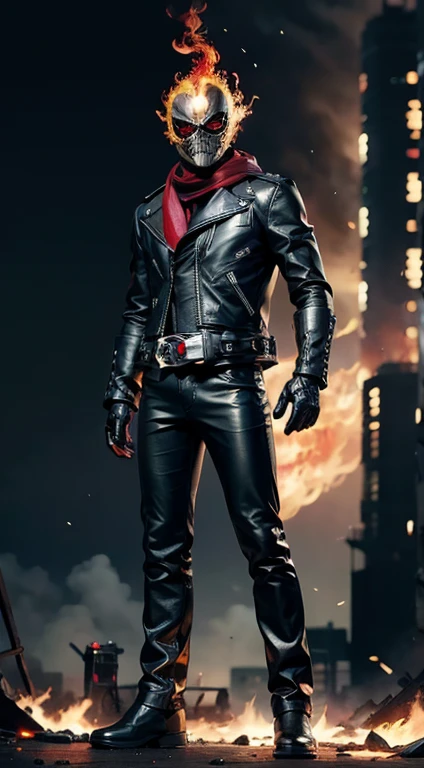 ((kamen rider, shinkr, ghostrider, wearing leather jacket, leather pants)), (burning head), mecha, (standing), (turn around), full body detailed, detailed hands, good fingers, good hands, good legs, red scarf, low hood, ((epic burning city)), ruins, floating, explosion, debris, some fire and glitter background, ultra hd, ultra realistic texture, (flare lens:1.2), (long shot:0.9)