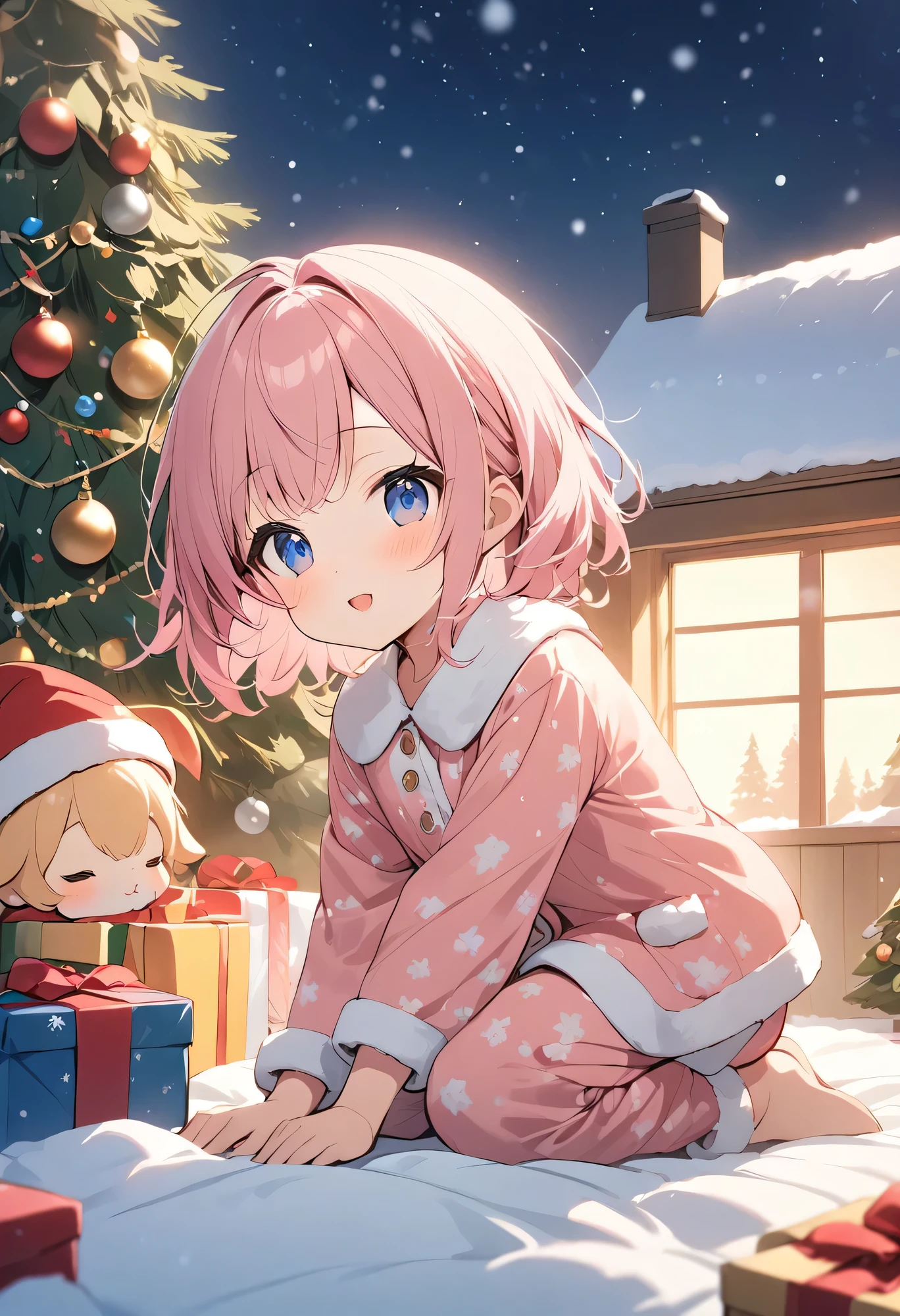 Best Quality、 high resolution、(High image quality:1.2)、masterpiece、 detailed background、Realistic、 RAW Photos、
Christmas Eve Night、 the snow falls and piles up quietly outside 、 in a warm house 、 the ren are having fun in their pajamas 、 Many colorful gifts are lined up under the Christmas tree, and the ren's eyes are sparkling、
Mother「Santa が来るから早く寝ようね」 They head to bed while nodding 、 and the  is gently calling out 、 and the inside is filled with presents 、 the ren are getting into bed 「Santa 、thank you」and pray quietly 、 close eyes、 that figure is so adorable 、 the whole house is filled with warm happiness 、cute