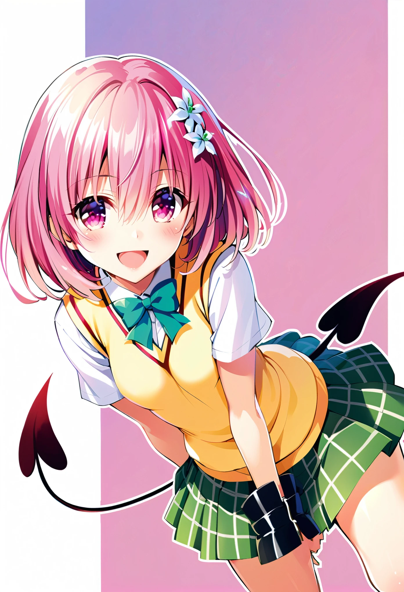 1 girl, Momo Belia Deviluke, Alone, Tail, Thigh length, Pink Hair, school uniform, smile, skirt, Hair Flowers, opens her mouth, Hair Ornament, demon Tail, Absolute territory, flower, Sweater vest, short hair, Pink Eyes, black Thigh length, watching viewers , :d, White background, bow, green skirt, simple background, pleated skirt, , Short sleeve, shirt, Check pattern skirt, Check pattern, bowtie,