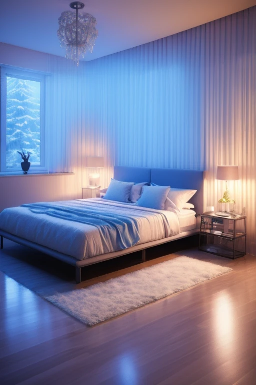 a dreamy apartment, white interior, blue hour, misty, foggy, hazy, wide shot, 80s aesthetic, detailed lighting, soft textures, pastel colors, cinematic atmosphere, photorealistic, 4k, high resolution, masterpiece, icy cold, outdoor misty forest scenery, luxury bedroom