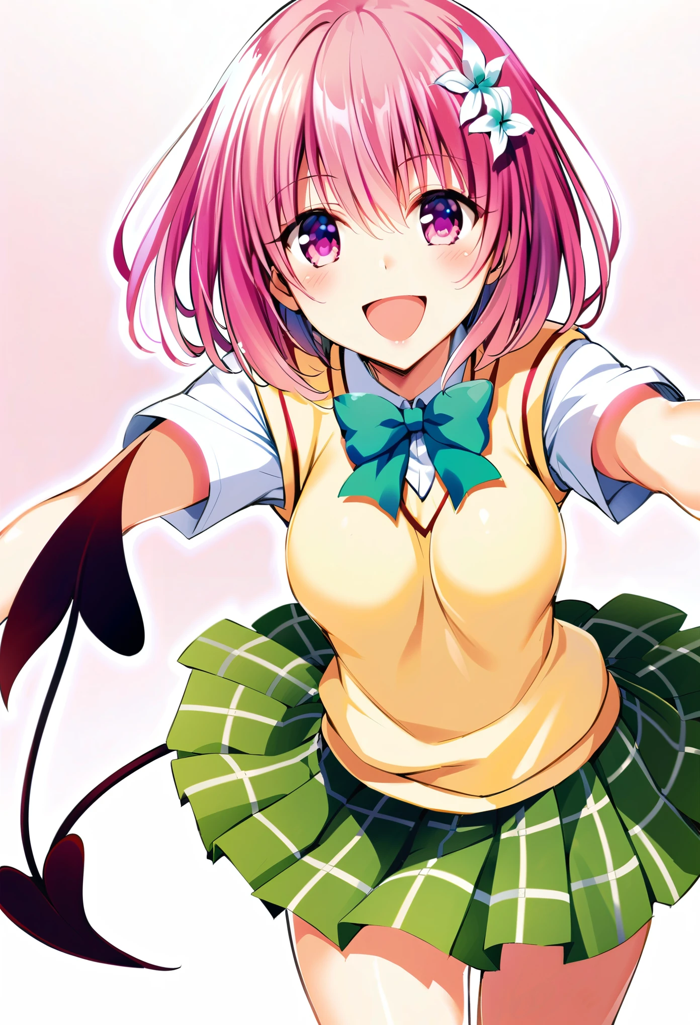  1 girl, Momo Belia Deviluke, Alone, Tail, Thigh length,  Pink Hair,  school uniform, smile, skirt, Hair Flowers,  opens her mouth,  Hair Ornament, demon Tail, Absolute territory, flower, Sweater vest,  short hair, Pink Eyes, black Thigh length,  watching viewers , :d, White background, bow, green skirt,   simple background, pleated skirt, , Short sleeve, shirt, Check pattern skirt, Check pattern, bowtie, 