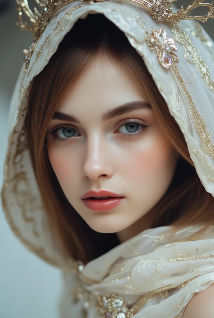 white style, portrait, elegance and serenity, soft gradation, crown, hood,  a bride's gaze, face close up, glow make up, face feature, odd ribon, european face,jewel on head, fantasy art,